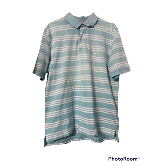 Brooks Brothers Polo Shirt Buffalo Logo Mens Large Blue White Yellow Striped - Picture 1 of 7